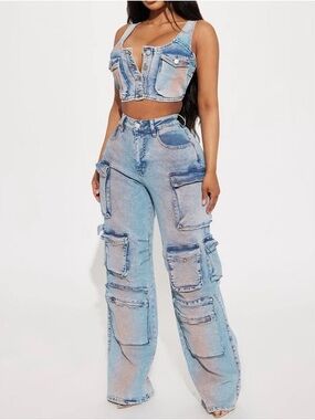 Fashion Nova Two-Piece Light Blue Cargo Wide Leg Jeans Set size  S NWOT